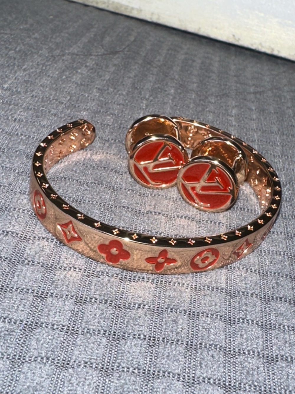Louis Vuitton Rose Gold Bracelet and Red Logo Earrings Set - Picture 6 of 12